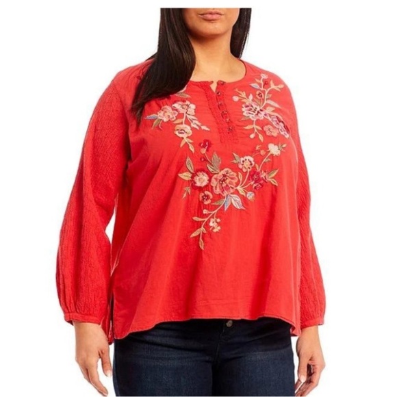 JOHNNY WAS sonya popover blouse red Hawaiian 2XL - Picture 1 of 10